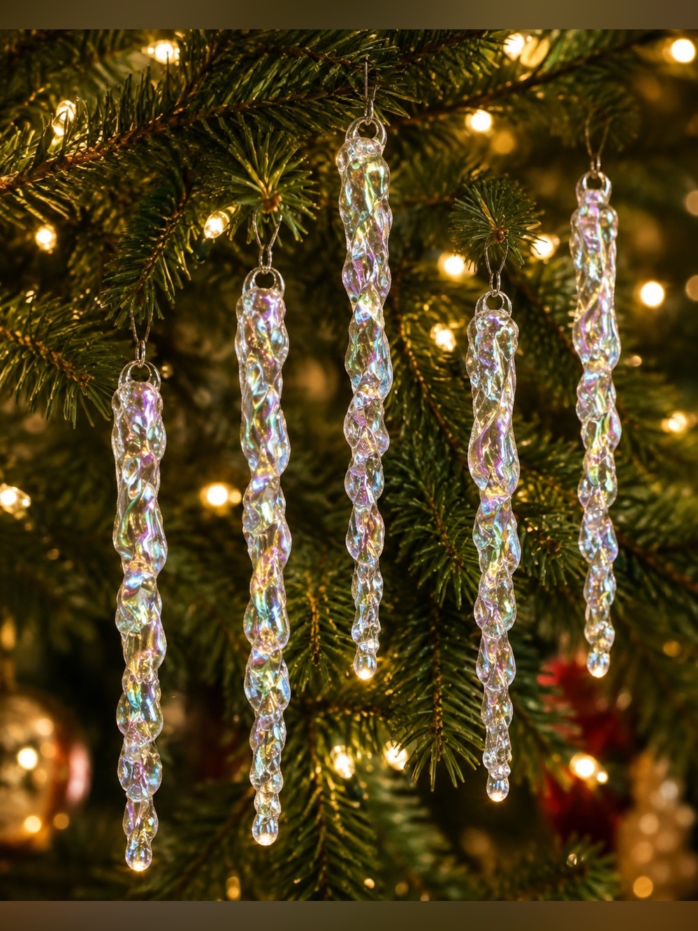 Vintage 1980s Iridescent Acrylic Icicle Ornaments 6” Set of 8 Christmas